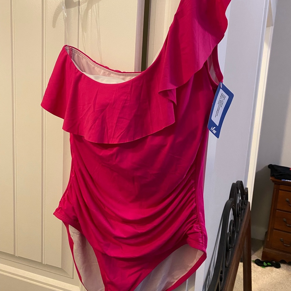 Hilor 1-shoulder swimsuit. Pink-size 12. Never worn. Tags/liner still attached.